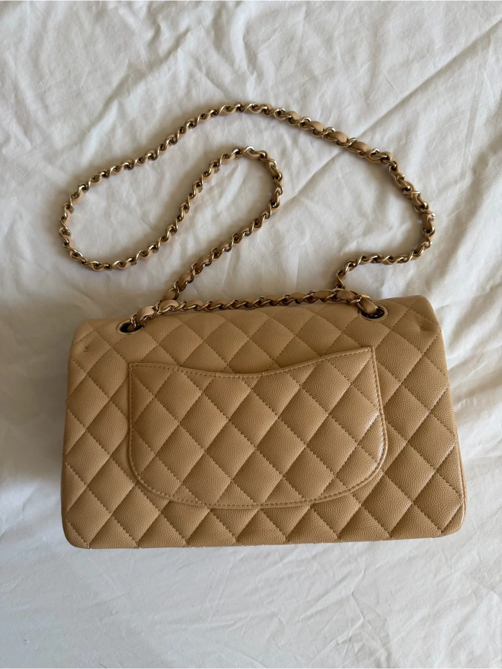 CHANEL Beige Quilted Medium Double Flap Bag with Gold Hardware